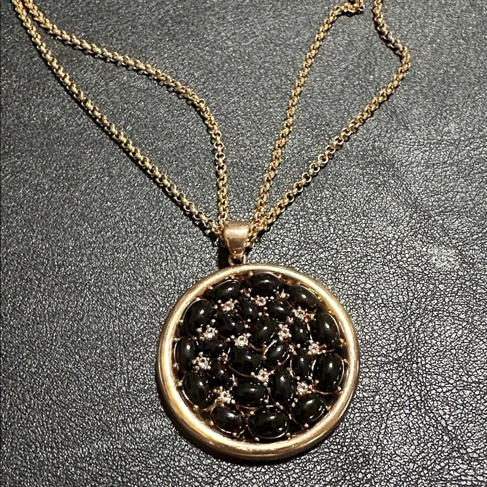 Bronze Milor Italy Black Cabochon & Faceted Gemstones Pendant Vintage Necklace